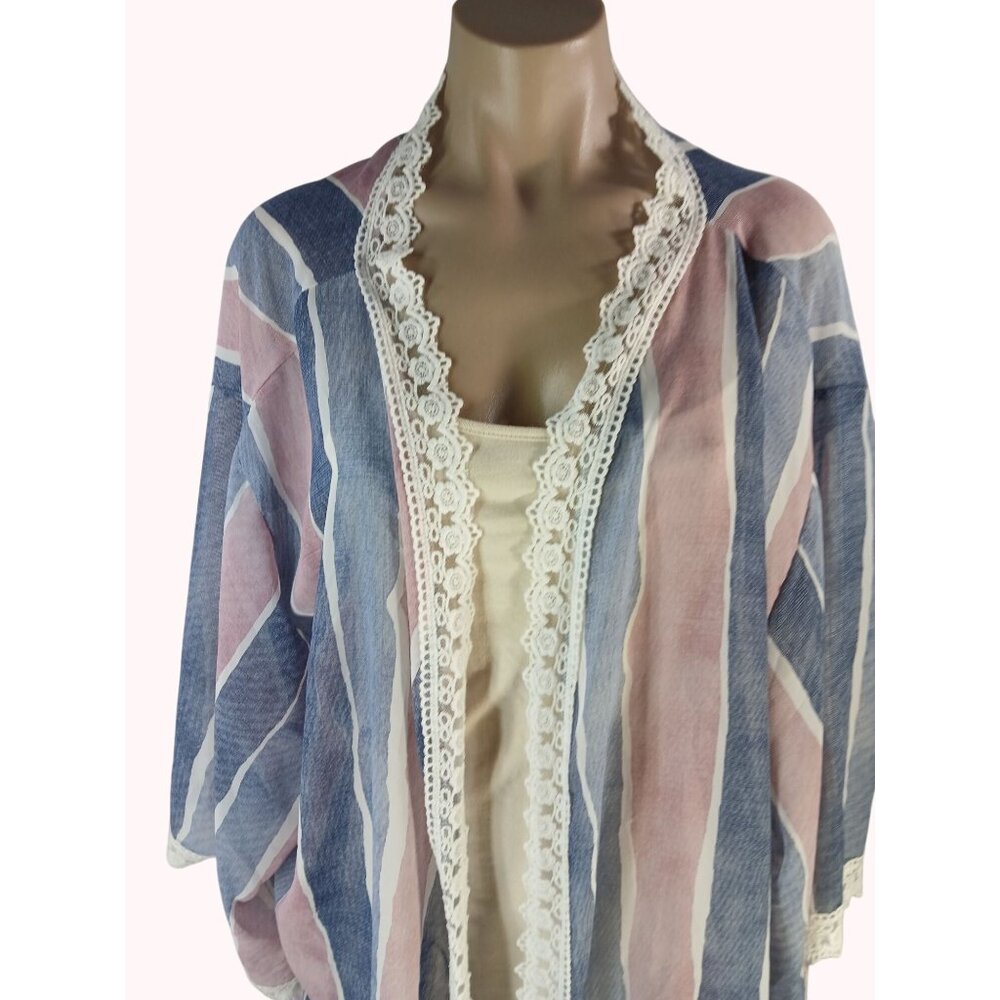 LuLaRoe Chloe Striped Lace Trim Open Kimono Womens Size XL Boho Pink Blue Cover - Picture 3 of 12